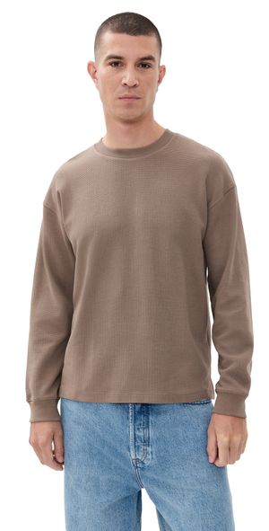 FRAME Long Sleeve Waffle Textured Tee Latte Brown L