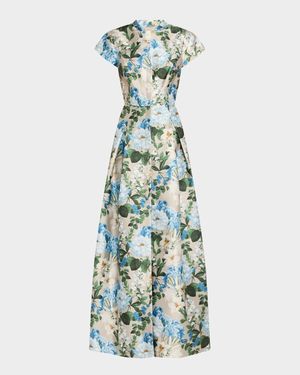 Marta Pleated Floral-Print Mikado Gown