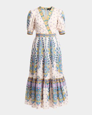 Paisley-Print Puff-Sleeve Midi Dress