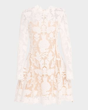 Long-Sleeve Artichoke Guipure Mini Dress