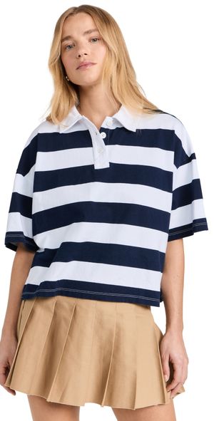 Stateside Navy Rugby Stripe Short Sleeve Boxy Polo White M