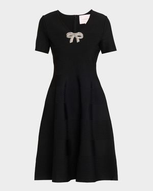 Crystal Bow V-Neck Flare Dress