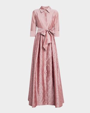 Floral-Embroidered Eyelet Taffeta Shirt Gown