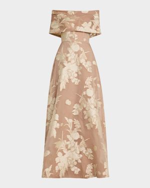Deedie Floral Fil Coupe Off-The-Shoulder Gown