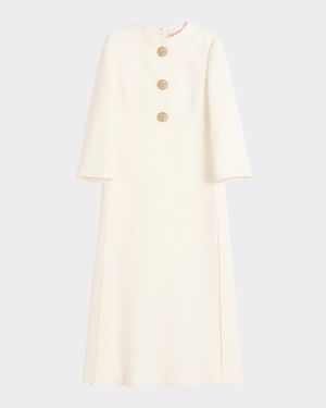 Quarter-Sleeve Brooch Wool Midi Dress