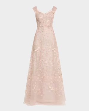 Floral-Embroidered Tulle Gown