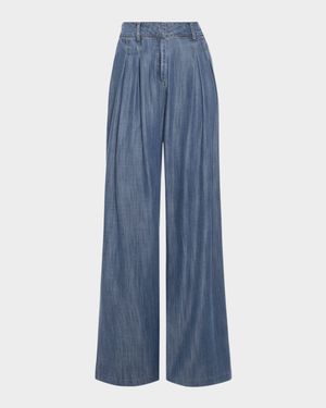 Chambray Pleated Chambray Wide-Leg Trousers