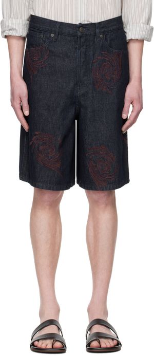 Dries Van Noten Navy Embroidered Pattern Denim Shorts