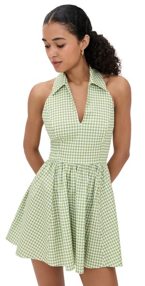 CAROLINE CONSTAS Aya Open Back Collared Mini Dress Spinach Gingham S