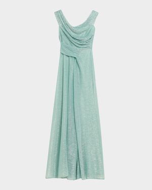 Draped Off-The-Shoulder Metallic Plisse Gown