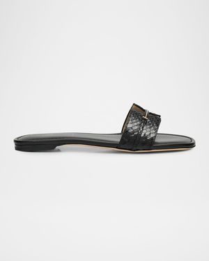 Snake-Embossed Leather Flat Sandals