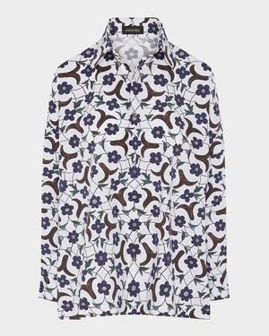 Cotton Buds Flowers Tile-Print Wide Longer-Back Shirt With Collar (Mid Plus Length)