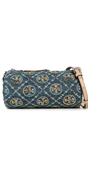 Tory Burch T Monogram Denim Embellished Cylinder Bag Boat House One Size