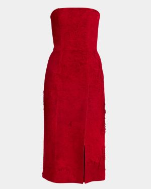 Strapless Textured Suede Slit Midi Dress
