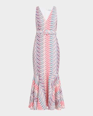 Belted Chevron-Print Mermaid Midi Dress