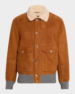 Men's Suede Shearling-Collar Bomber Jacket