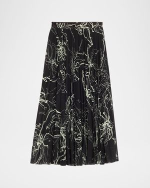 Pleated Floral-Print Chiffon Midi Skirt