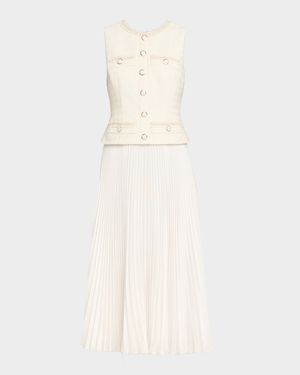 Pleated Boucle Mixed Media Midi Dress