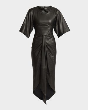 Knotted Leather Short-Sleeve Midi Dress