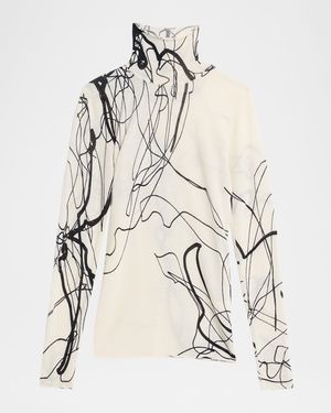 Scribble-Print Turtleneck Wool Sweater