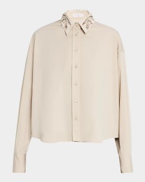 Herbarium-Collar Cotton Poplin Button-Down Shirt