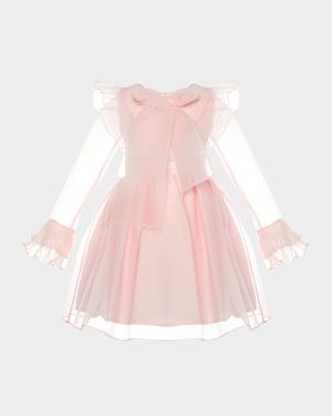 Girl's Organza-Sleeve Dress with Bow, SIze 3T-12