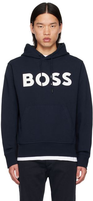 Boss Pull à capuche bleu marine à logo contrastant contrecollé