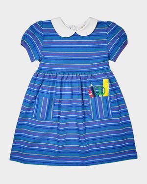 Girl's School Supplies Applique Stripe Knit Dress, Size 2-6