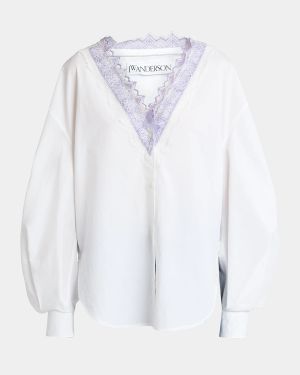 Lace Trim V-Neck Cotton Blouse