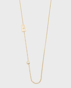 14K Gold Asymmetrical Initial and Bezel Diamond Necklace, 16-18"L
