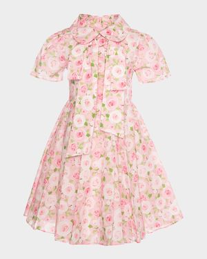 Girl's Positano Flowers Puff-Sleeve Dress, Size 3T-12