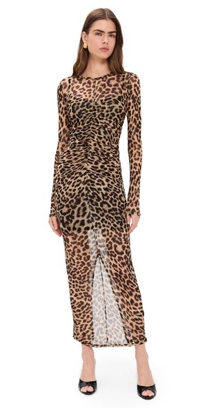Good American Mesh Ruched Maxi Dress Lucky Leopard001 XL