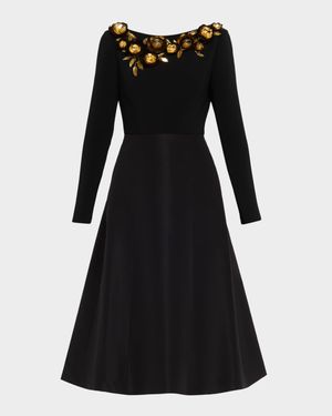 3D Floral Embellished Long-Sleeve Midi Dress