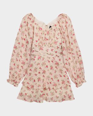 Girl's Swiss Dot Floral Puff-Sleeve Dress, Size S-XL