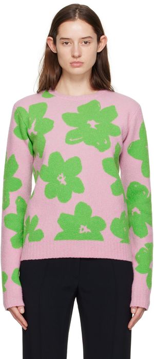 Jil Sander Pull rose et vert à motif fleuri en tricot jacquard
