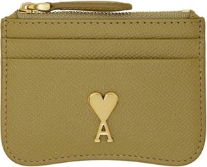 AMI Paris Khaki Leather Zipped Card Holder