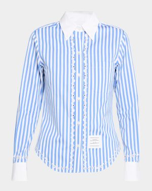 Long-Sleeve Broderie Anglaise Shirt in Awning Stripe