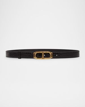 Glossy Croc-Stamped Leather Skinny Belt