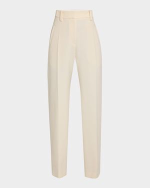 Button-Waist Double Canvas Wool Straight-Leg Pants