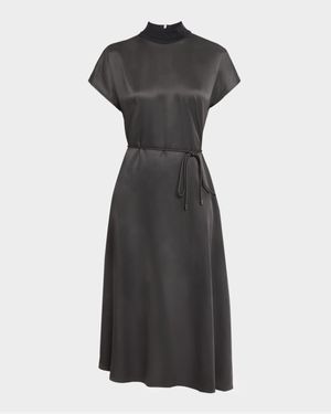 Viscose Twill and Tricot Waist-Tie Midi Dress