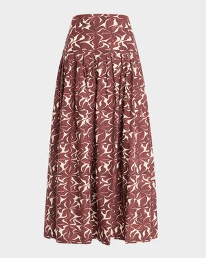 Elysee Pleated Abstract-Print Maxi Skirt