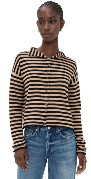 Alex Mill Taylor Stripe Cotton Cashmere Blend Cardigan Black/Camel M