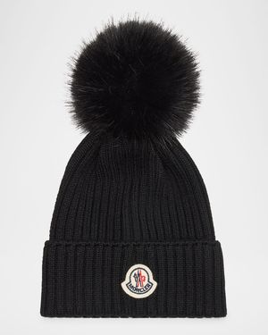 Kid's Ribbed Wool Beanie with Faux Fur Pom, Size S-L