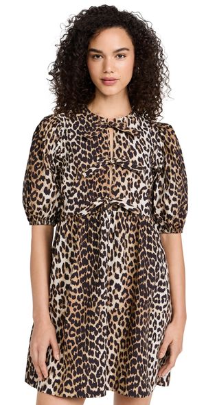 GANNI Cotton Poplin Tie String Mini Dress Leopard 36