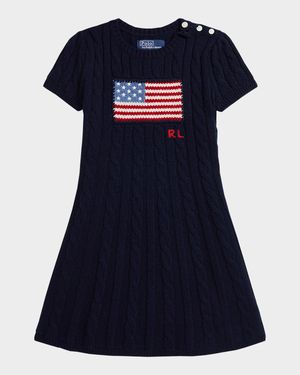 Girl's American Flag Cashmere Cable Knit Dress, Size 2-6X