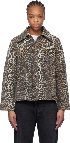 GANNI Brown Leopard Printed Denim Jacket