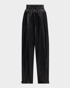 Pleated Satin Wide-Leg Drawstring Trousers