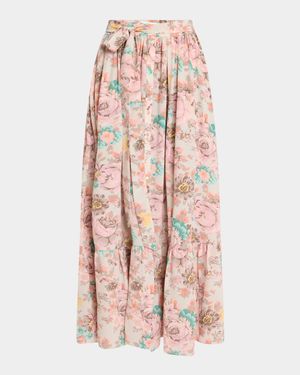 Belted Floral-Print Silk Maxi Skirt
