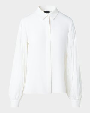 Silk Crepe Pleated-Sleeve Blouse