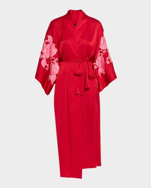 Floral-Embroidered Charmeuse Robe